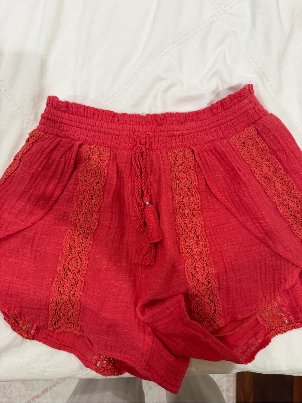 American Eagle Outfitters Red Lace-Trim Athletic Shorts